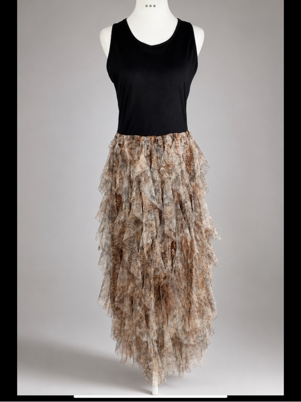 Lark + Grey Sleeveless Ribbed Knit & Cascading Chiffon Maxi Dress | Size L